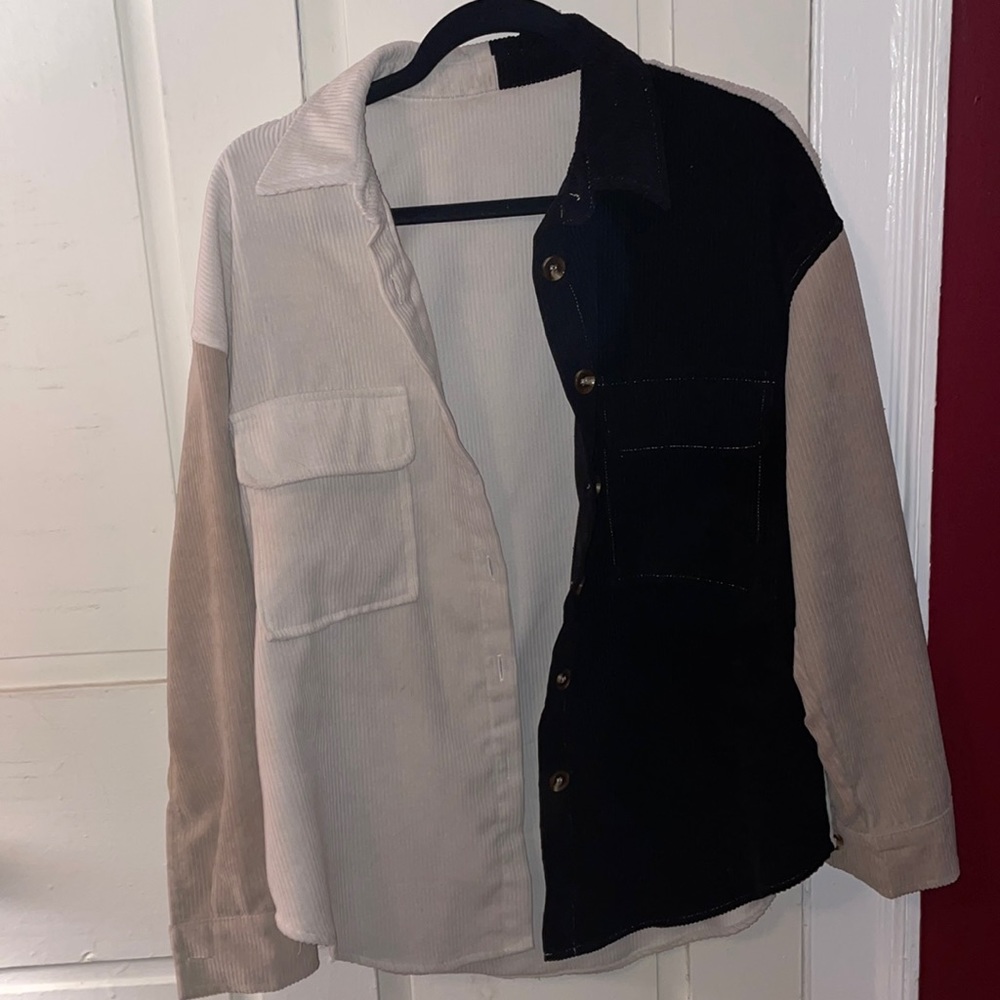 Cream black and tan patch suede button up